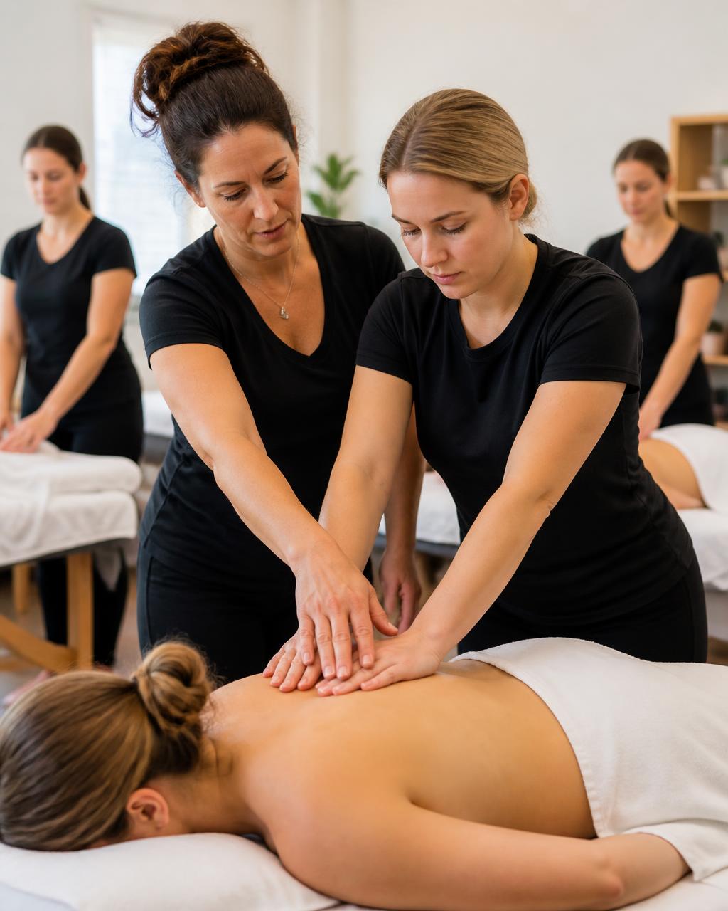 Instrutora orientando aluna durante aula prática de massagem em maca profissional